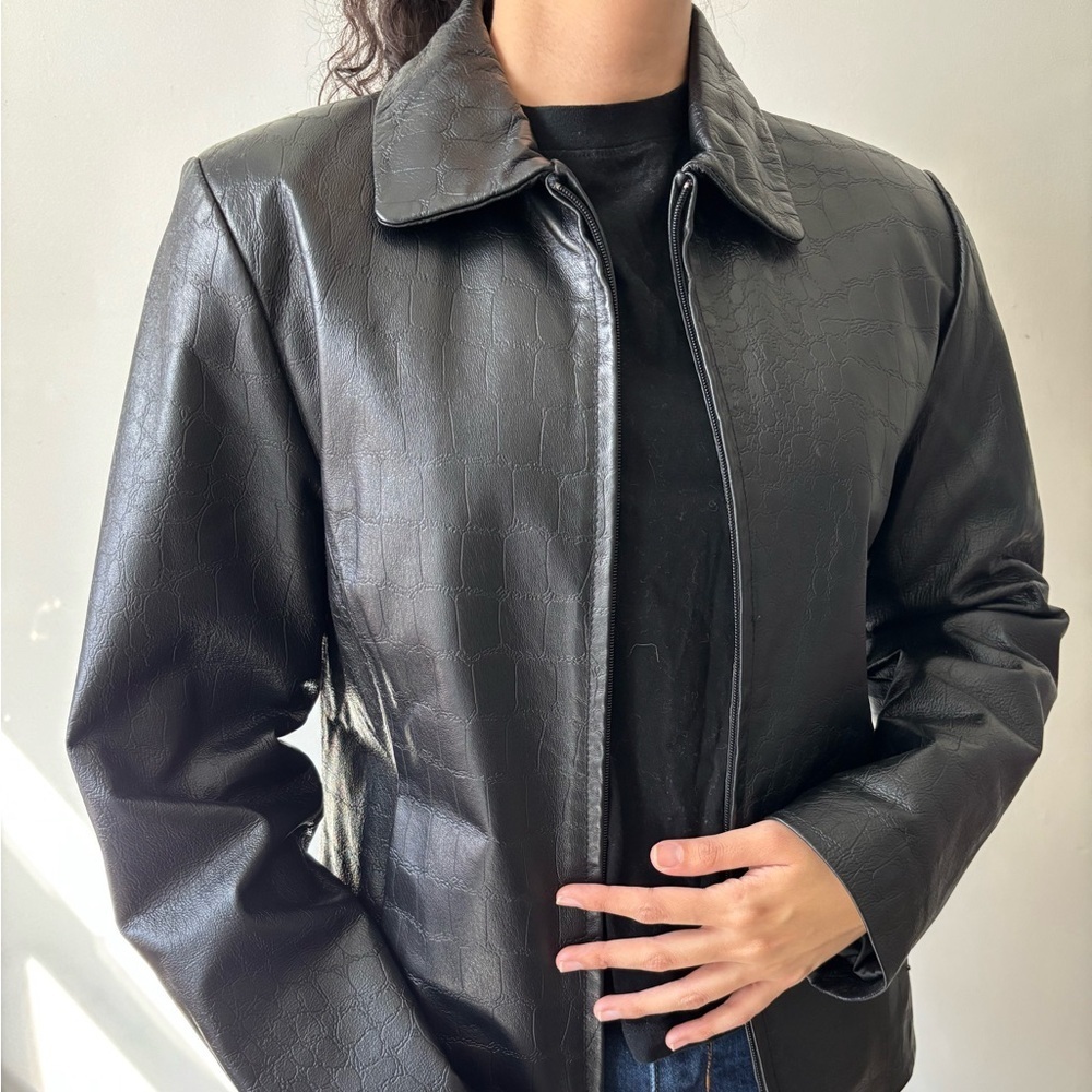 Y2K Black Biker Leather Grunge Zip Up Bomber Jacket - Size Small